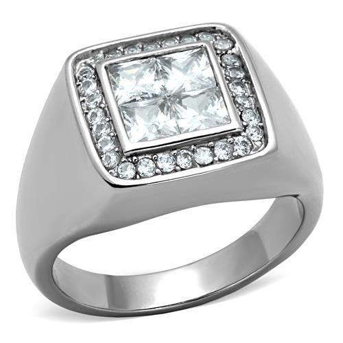 Mens Ring Four Princess Cut Squared Stainless Steel Ring with AAA Grade CZ in Clear - ErikRayo.com