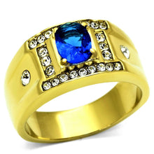 Load image into Gallery viewer, Mens Ring Gold Blue Round Stainless Steel Ring with Synthetic Sapphire in Montana - ErikRayo.com
