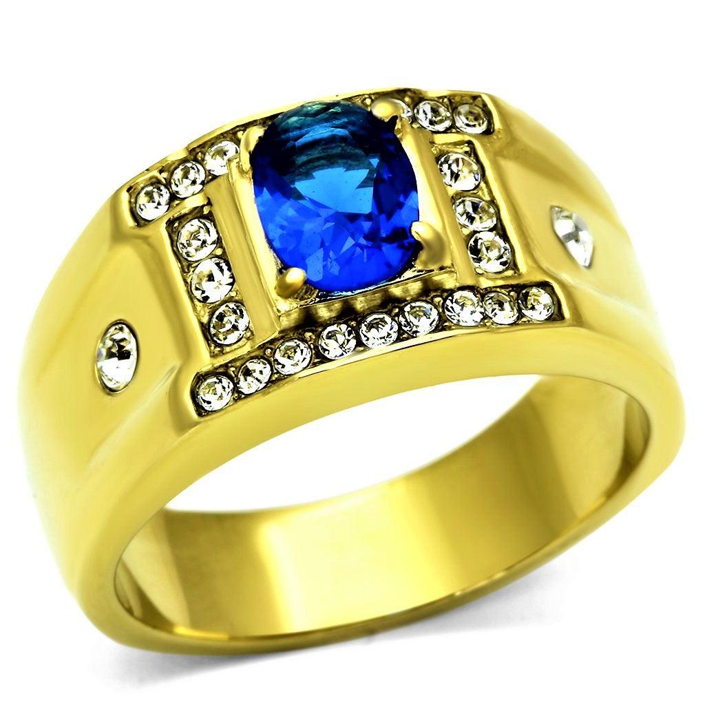Mens Ring Gold Blue Round Stainless Steel Ring with Synthetic Sapphire in Montana - ErikRayo.com