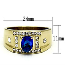 Load image into Gallery viewer, Mens Ring Gold Blue Round Stainless Steel Ring with Synthetic Sapphire in Montana - ErikRayo.com
