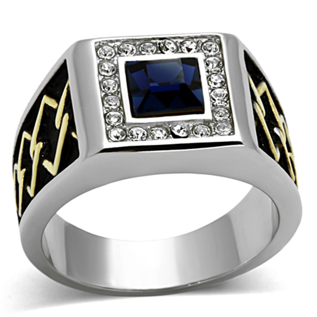 Mens Ring Gold Blue Silver Squared Stainless Steel Ring with Top Grade Crystal in Montana - Jewelry Store by Erik Rayo
