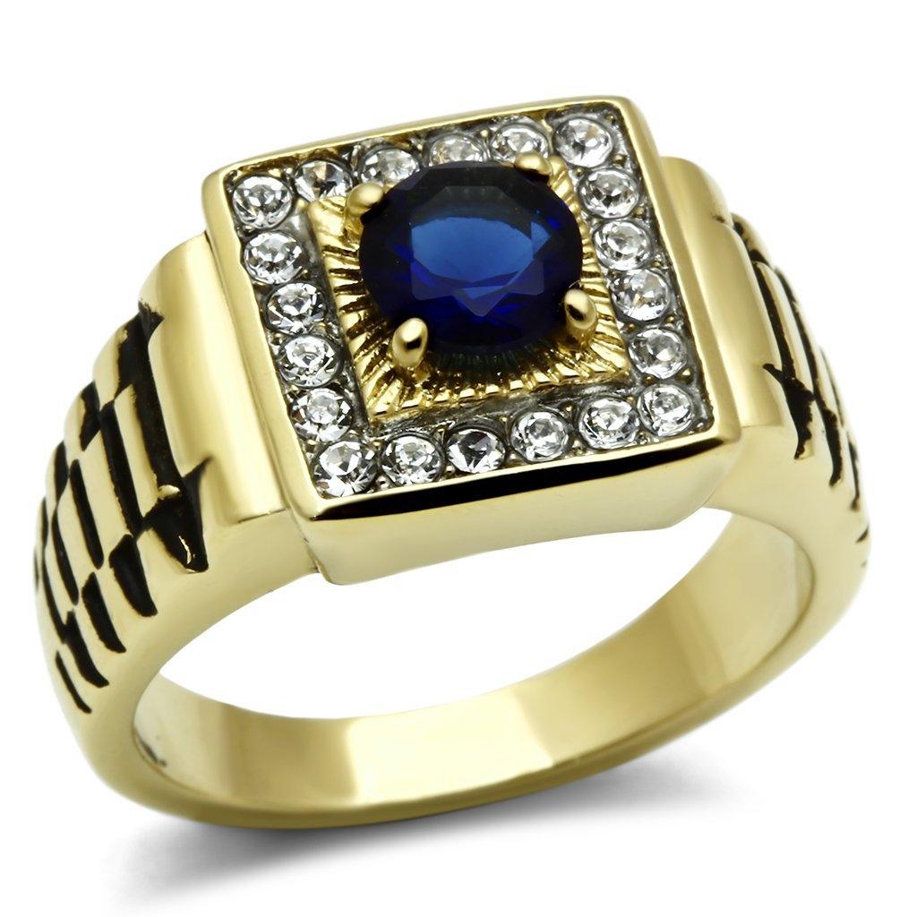 Mens Ring Gold Blue Stainless Steel Ring with Synthetic Sapphire in Montana - Jewelry Store by Erik Rayo