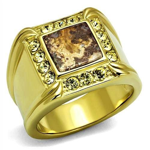 Mens Ring Gold Brown Stainless Steel Ring with Semi-Precious Oligoclase in Smoked Quartz - Jewelry Store by Erik Rayo