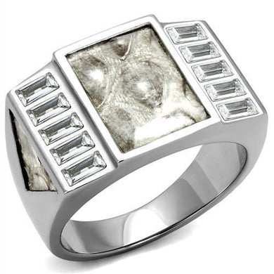 Mens Ring Rectagular Marble Grey White Stainless Steel Ring with AAA Grade CZ in Clear - Jewelry Store by Erik Rayo
