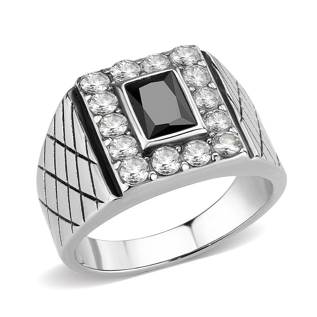 Mens Ring Rectangle Squared Stainless Steel Ring with AAA Grade CZ in Jet - ErikRayo.com