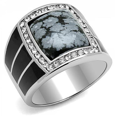 Mens Ring Rectangular Black Grey Stainless Steel Ring with Semi-Precious Snowflake Obsidian in Jet - ErikRayo.com