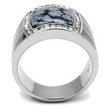 Load image into Gallery viewer, Mens Ring Rectangular Black Grey Stainless Steel Ring with Semi-Precious Snowflake Obsidian in Jet - Jewelry Store by Erik Rayo
