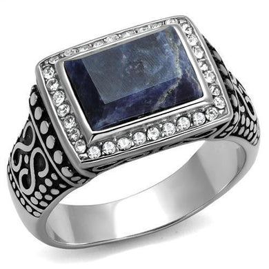 Mens Ring Rectangular Blue Stainless Steel Ring with Semi-Precious Sodalite in Capri Blue - Jewelry Store by Erik Rayo