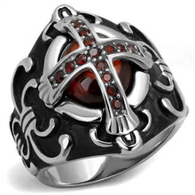 Load image into Gallery viewer, Mens Ring Red Cross Stainless Steel Ring with AAA Grade CZ in Garnet - Jewelry Store by Erik Rayo
