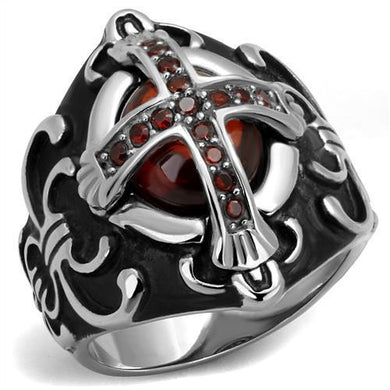 Mens Ring Red Cross Stainless Steel Ring with AAA Grade CZ in Garnet - Jewelry Store by Erik Rayo
