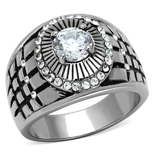 Mens Ring Round Cut Large Stainless Steel Ring with AAA Grade CZ in Clear - Jewelry Store by Erik Rayo
