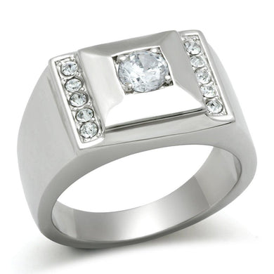 Mens Ring Round Cut Squared Stainless Steel Ring with AAA Grade CZ in Clear - ErikRayo.com