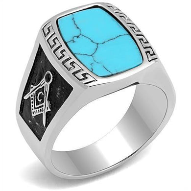 Mens Ring Round Rectanglar Turquoise 316L Stainless Steel Ring in Sea Blue with Masonic Symbol - Jewelry Store by Erik Rayo