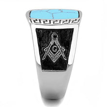 Load image into Gallery viewer, Mens Ring Round Rectanglar Turquoise 316L Stainless Steel Ring in Sea Blue with Masonic Symbol - Jewelry Store by Erik Rayo

