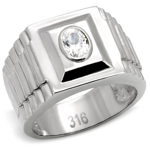 Mens Ring Round Squared Stainless Steel Ring with AAA Grade CZ in Clear - ErikRayo.com