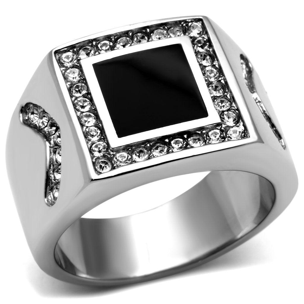Mens Ring Silver Black Onyx Stainless Steel Ring with Top Grade Crystal in Clear - Jewelry Store by Erik Rayo