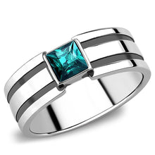 Load image into Gallery viewer, Mens Ring Silver Black Stainless Steel Ring with Top Grade Crystal in Blue Zircon - Jewelry Store by Erik Rayo
