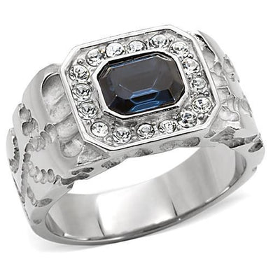 Mens Ring Silver Blue Emerald Cut Stainless Steel Ring with Top Grade Crystal in Montana - Jewelry Store by Erik Rayo
