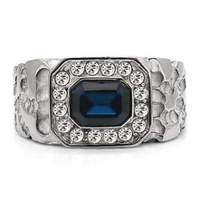 Load image into Gallery viewer, Mens Ring Silver Blue Emerald Cut Stainless Steel Ring with Top Grade Crystal in Montana - Jewelry Store by Erik Rayo
