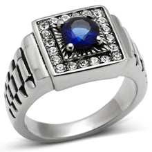 Load image into Gallery viewer, Mens Ring Silver Blue Round Cut Squared Stainless Steel Ring with Sapphire in Montana - Jewelry Store by Erik Rayo
