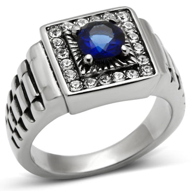 Mens Ring Silver Blue Round Cut Squared Stainless Steel Ring with Sapphire in Montana - Jewelry Store by Erik Rayo
