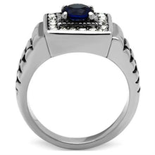 Load image into Gallery viewer, Mens Ring Silver Blue Round Cut Squared Stainless Steel Ring with Sapphire in Montana - Jewelry Store by Erik Rayo
