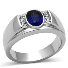Load image into Gallery viewer, Mens Ring Silver Blue Round Stainless Steel Ring with Synthetic Sapphire in Montana - ErikRayo.com
