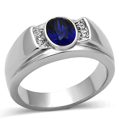 Mens Ring Silver Blue Round Stainless Steel Ring with Synthetic Sapphire in Montana - Jewelry Store by Erik Rayo