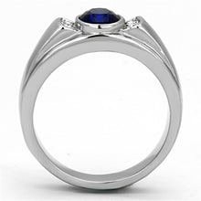 Load image into Gallery viewer, Mens Ring Silver Blue Round Stainless Steel Ring with Synthetic Sapphire in Montana - ErikRayo.com

