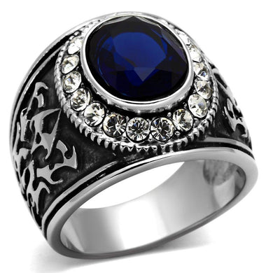 Mens Ring Silver Blue Unique Round Stainless Steel Ring with Synthetic Synthetic Glass in Montana - Jewelry Store by Erik Rayo
