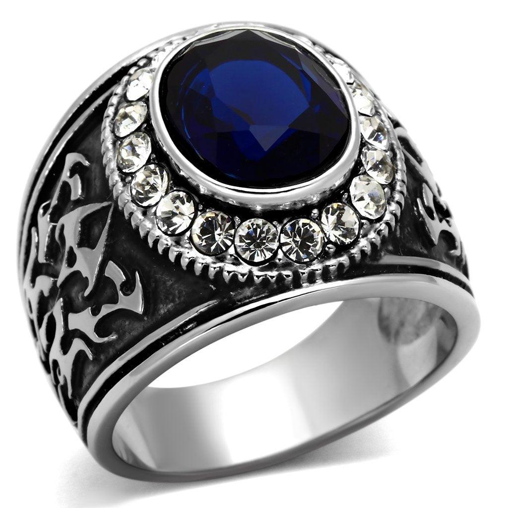 Mens Ring Silver Blue Unique Round Stainless Steel Ring with Synthetic Synthetic Glass in Montana - ErikRayo.com