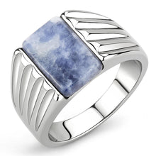 Load image into Gallery viewer, Mens Ring Silver Blue White Stainless Steel Ring with Semi-Precious Sodalite in Capri Blue - Jewelry Store by Erik Rayo
