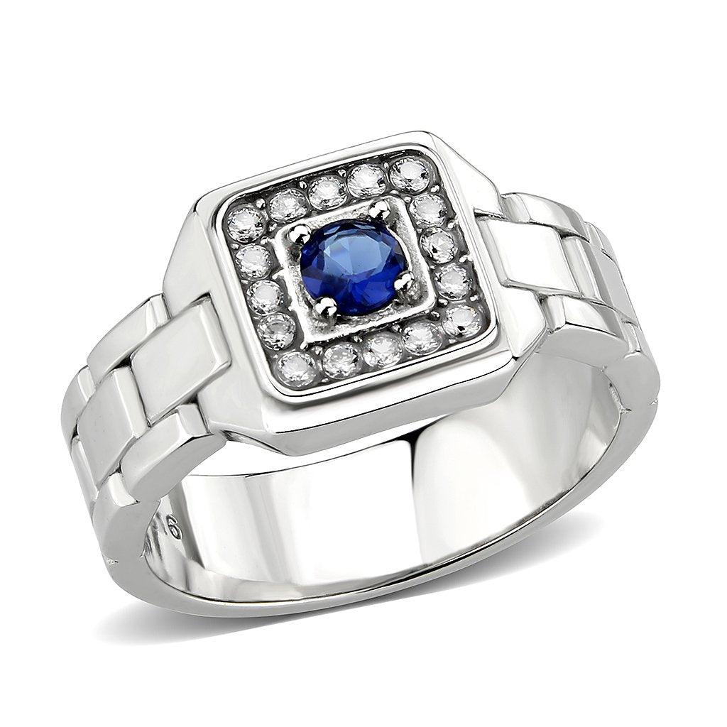 Mens Ring Silver BlueStainless Steel Ring with Synthetic Sapphire in Montana - Jewelry Store by Erik Rayo