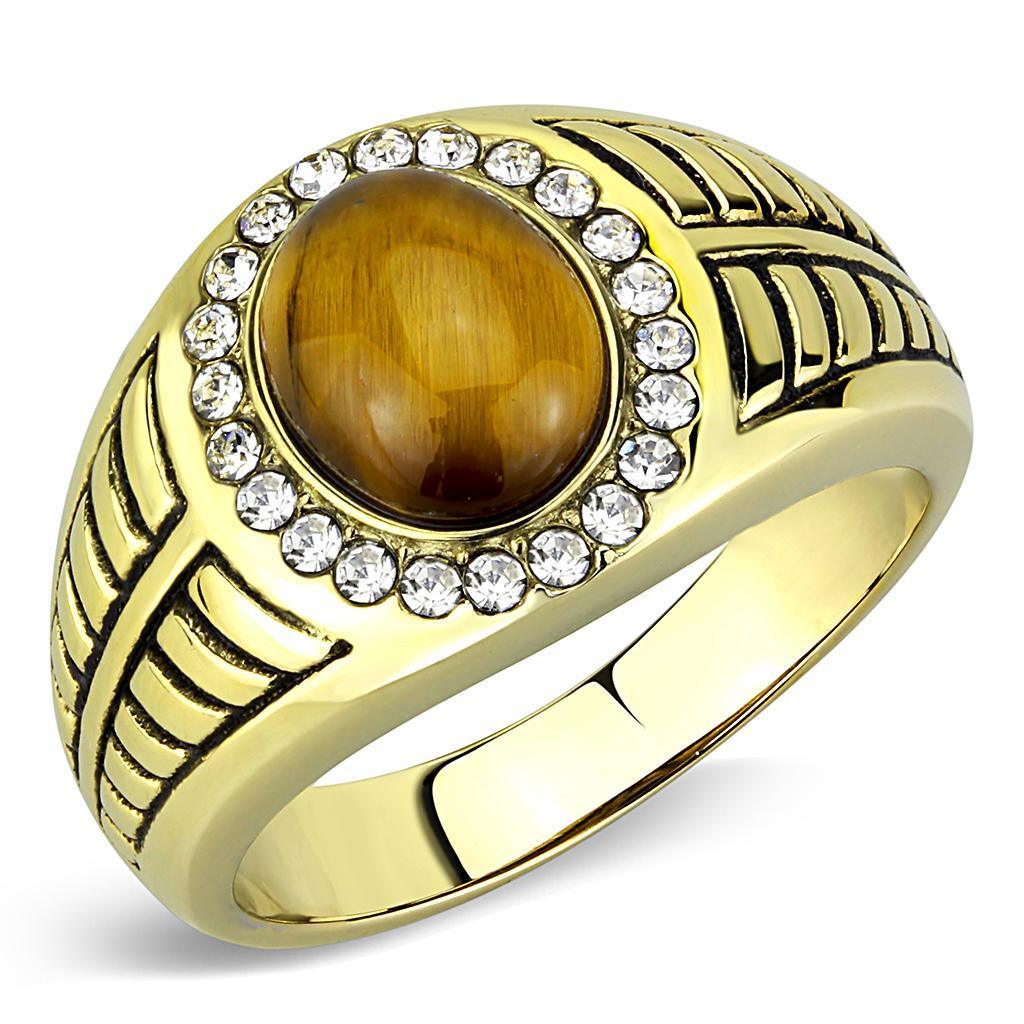 Mens Ring Silver Brown Gold Oval Cut Stainless Steel Ring with Tiger Eye in Topaz - Jewelry Store by Erik Rayo