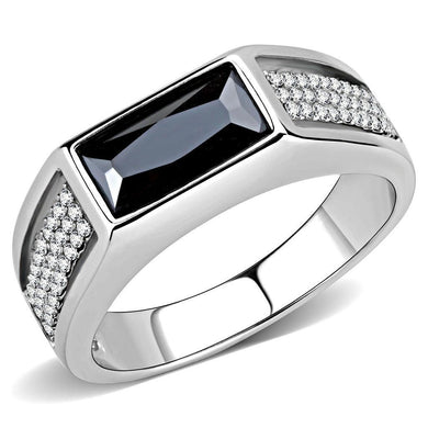Mens Ring Silver Rectangular Stainless Steel Ring with AAA Grade CZ in Black Diamond - Jewelry Store by Erik Rayo