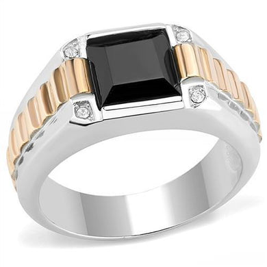 Mens Ring Silver Rose Gold Stainless Steel Ring with Synthetic Onyx in Jet - Jewelry Store by Erik Rayo