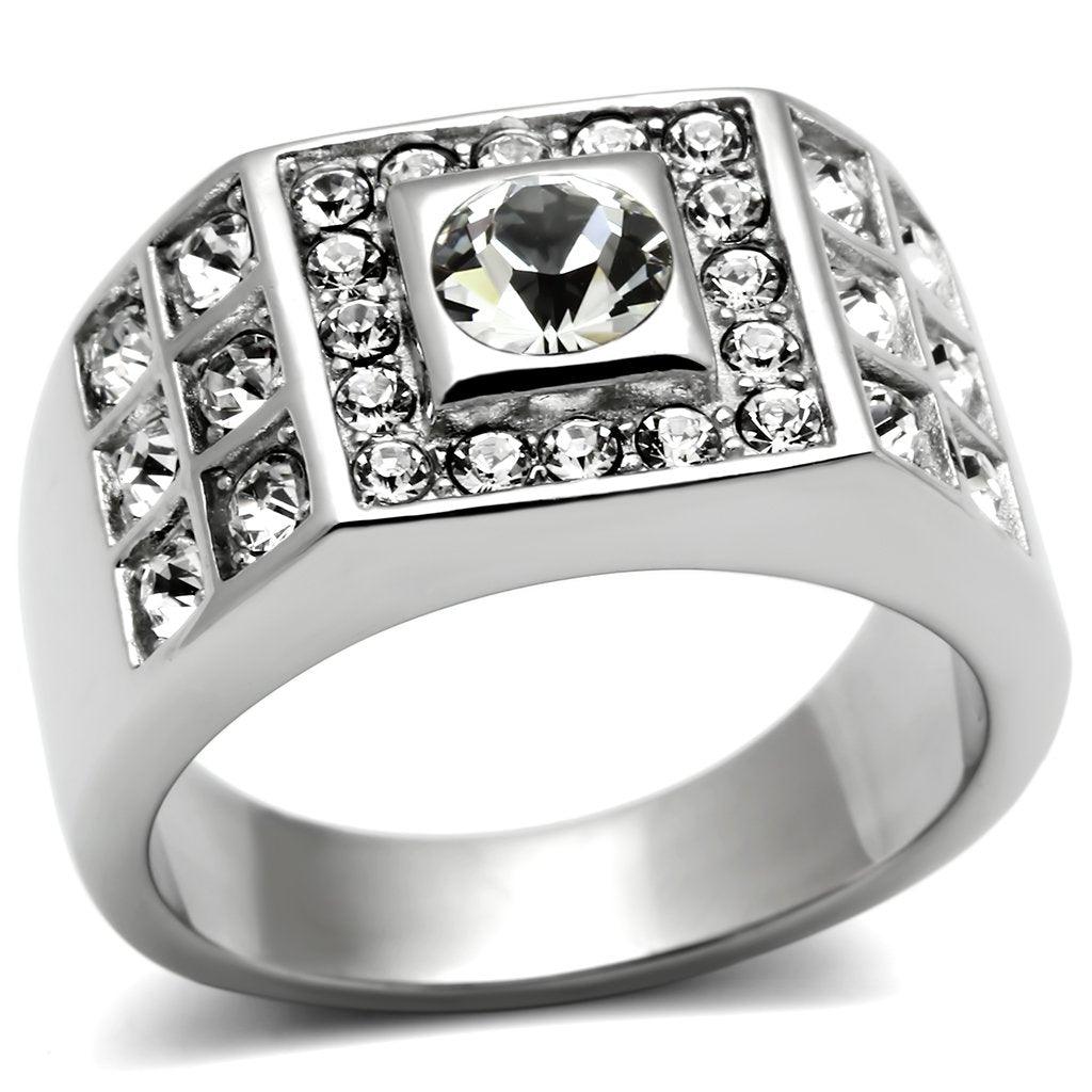 Mens Ring Silver Round Cut Squared Stainless Steel Ring with Top Grade Crystal in Clear - Jewelry Store by Erik Rayo
