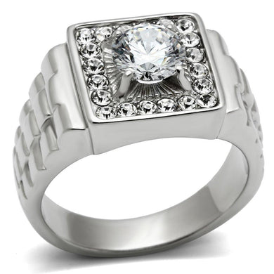 Mens Ring Silver Round Cut Squared Stainless Steel Ring with Top Grade Crystal in Clear - Jewelry Store by Erik Rayo