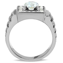 Load image into Gallery viewer, Mens Ring Silver Round Cut Squared Stainless Steel Ring with Top Grade Crystal in Clear - ErikRayo.com
