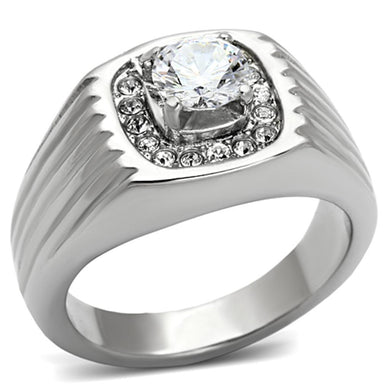 Mens Ring Silver Round Cut Stainless Steel Ring with AAA Grade CZ in Clear - Jewelry Store by Erik Rayo