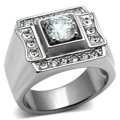 Mens Ring Silver Round Squared Stainless Steel Ring with AAA Grade CZ in Clear - Jewelry Store by Erik Rayo