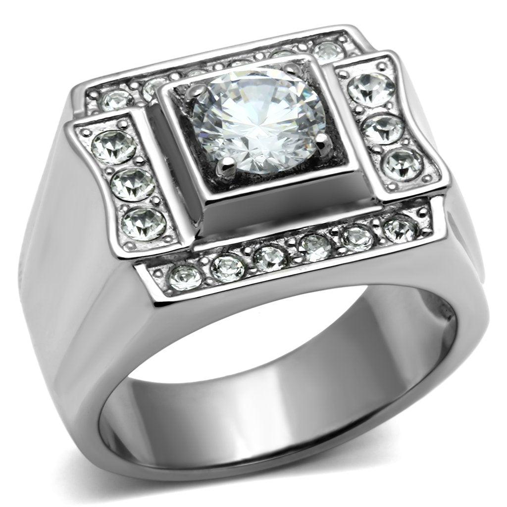 Mens Ring Silver Round Squared Stainless Steel Ring with AAA Grade CZ in Clear - ErikRayo.com