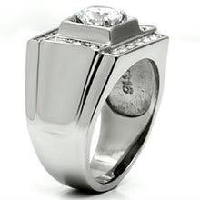 Load image into Gallery viewer, Mens Ring Silver Round Squared Stainless Steel Ring with AAA Grade CZ in Clear - ErikRayo.com
