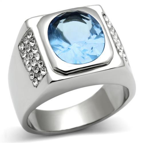 Mens Ring Silver Round Stainless Steel Ring with Synthetic Aquamarine Light Sapphire - Jewelry Store by Erik Rayo
