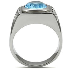 Load image into Gallery viewer, Mens Ring Silver Round Stainless Steel Ring with Synthetic Aquamarine Light Sapphire - Jewelry Store by Erik Rayo
