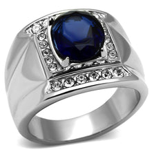 Load image into Gallery viewer, Mens Ring Silver Squared Blue Stainless Steel Ring with Synthetic Sapphire Montana - ErikRayo.com
