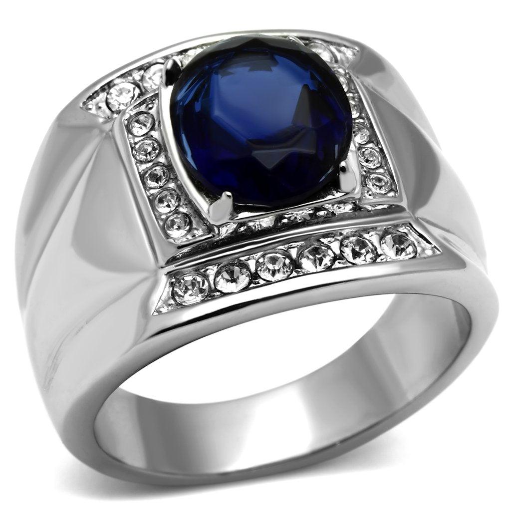 Mens Ring Silver Squared Blue Stainless Steel Ring with Synthetic Sapphire Montana - ErikRayo.com
