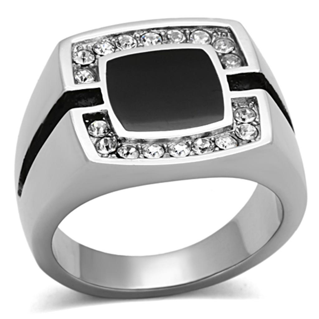 Mens Ring Silver Squared Onyx Stainless Steel Ring with Top Grade Crystal in Clear - Jewelry Store by Erik Rayo