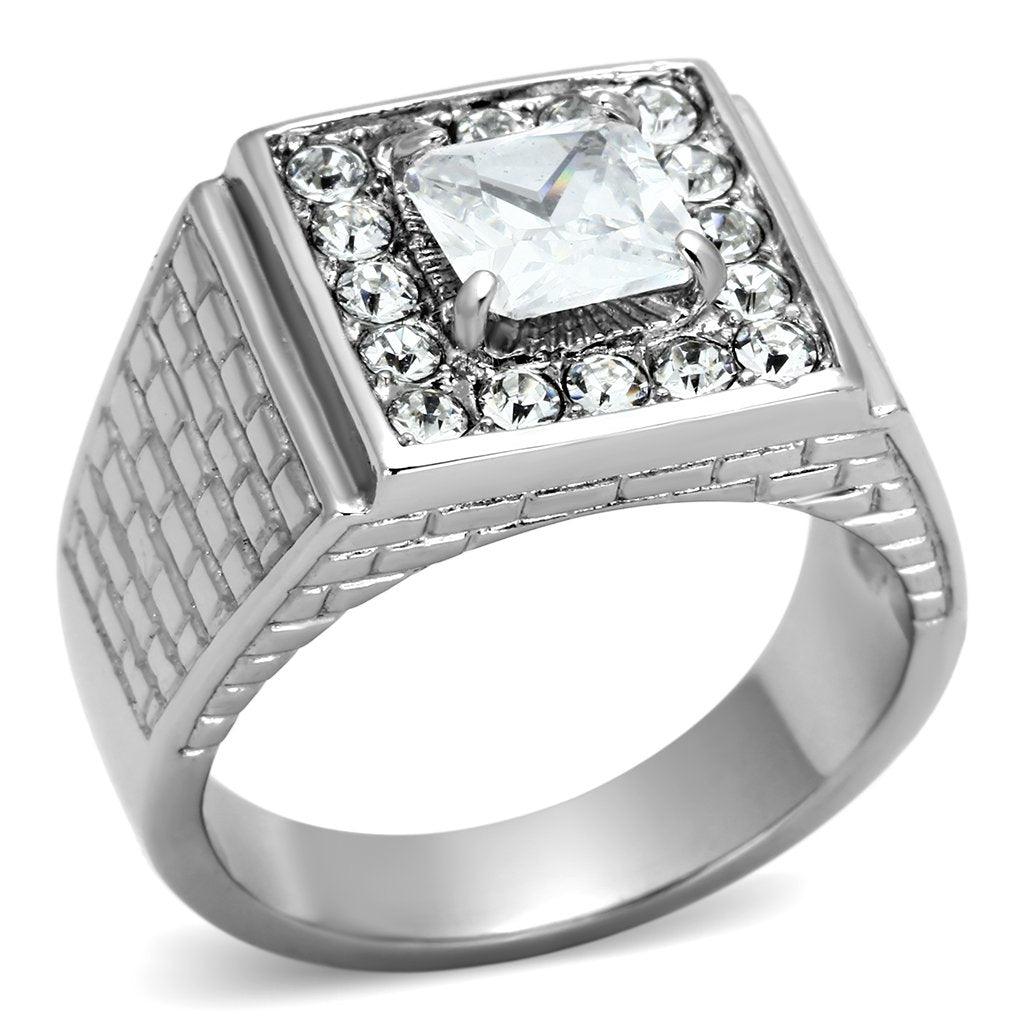 Mens Ring Silver Squared Princess Cut Stainless Steel Ring with AAA Grade CZ in Clear - ErikRayo.com