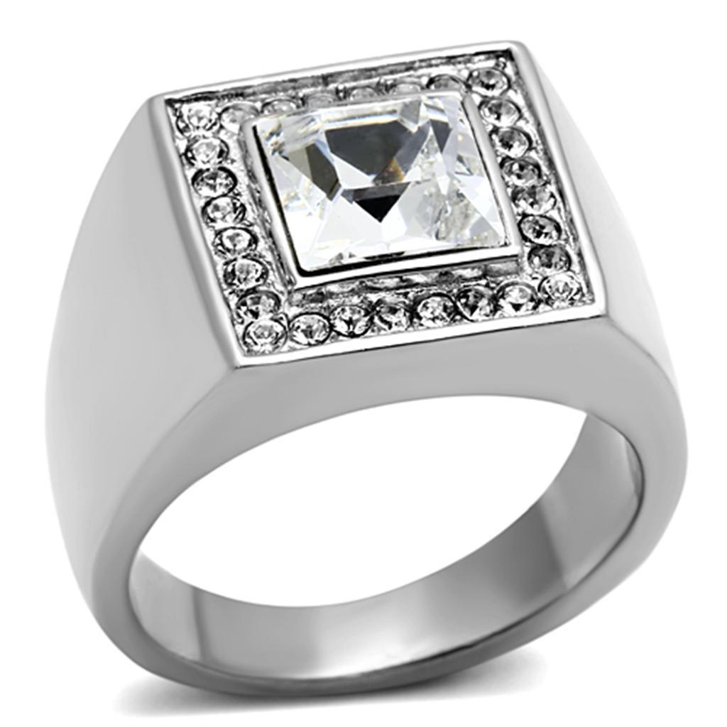 Mens Ring Silver Squared Princess Cut Stainless Steel Ring with Top Grade Crystal in Clear - Jewelry Store by Erik Rayo